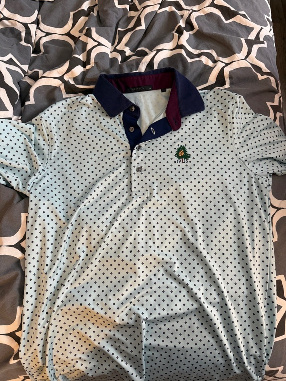 Greyson Men's Light Blue Patterned Polo Shirt Size Medium